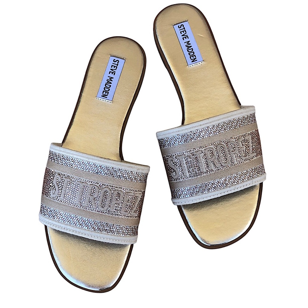 Steve Madden Women's Knox Rhinestone Embroidered Gold Flat Slide Sandals 8.5M